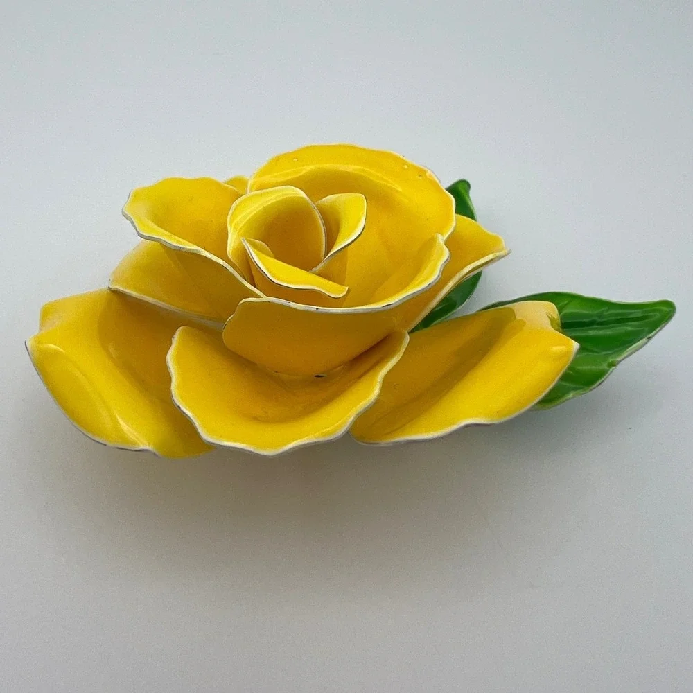 Vintage Yellow Enamel Rose Brooch Large Floral Pin Mid Century 3 Inch Friendship